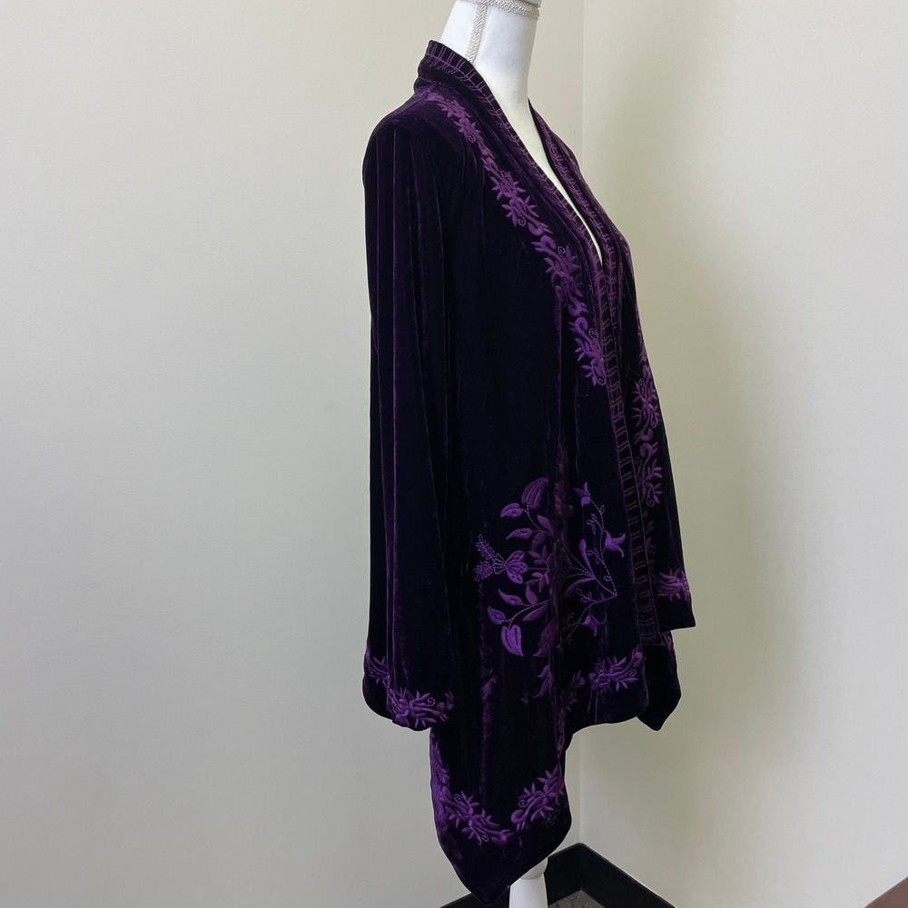 Paparazzi Purple Velvet Embroidered Open Front Cardigan Jacket M Boho - Picture 3 of 16